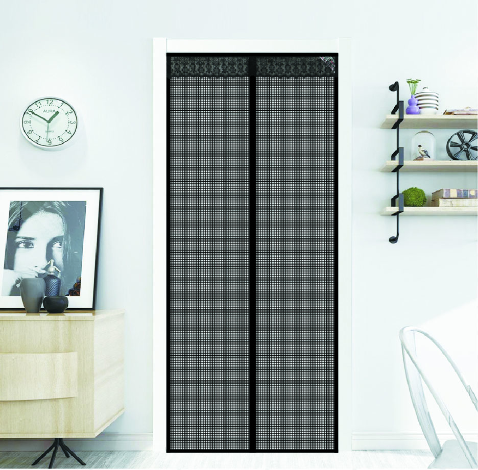 Magnetic Mesh Screen Door curtain Small Square stripe Black